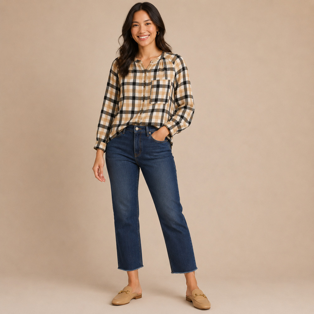 Anthropologie Pilcro Plaid Ruffle Neck Button Down Blouse SP Petite